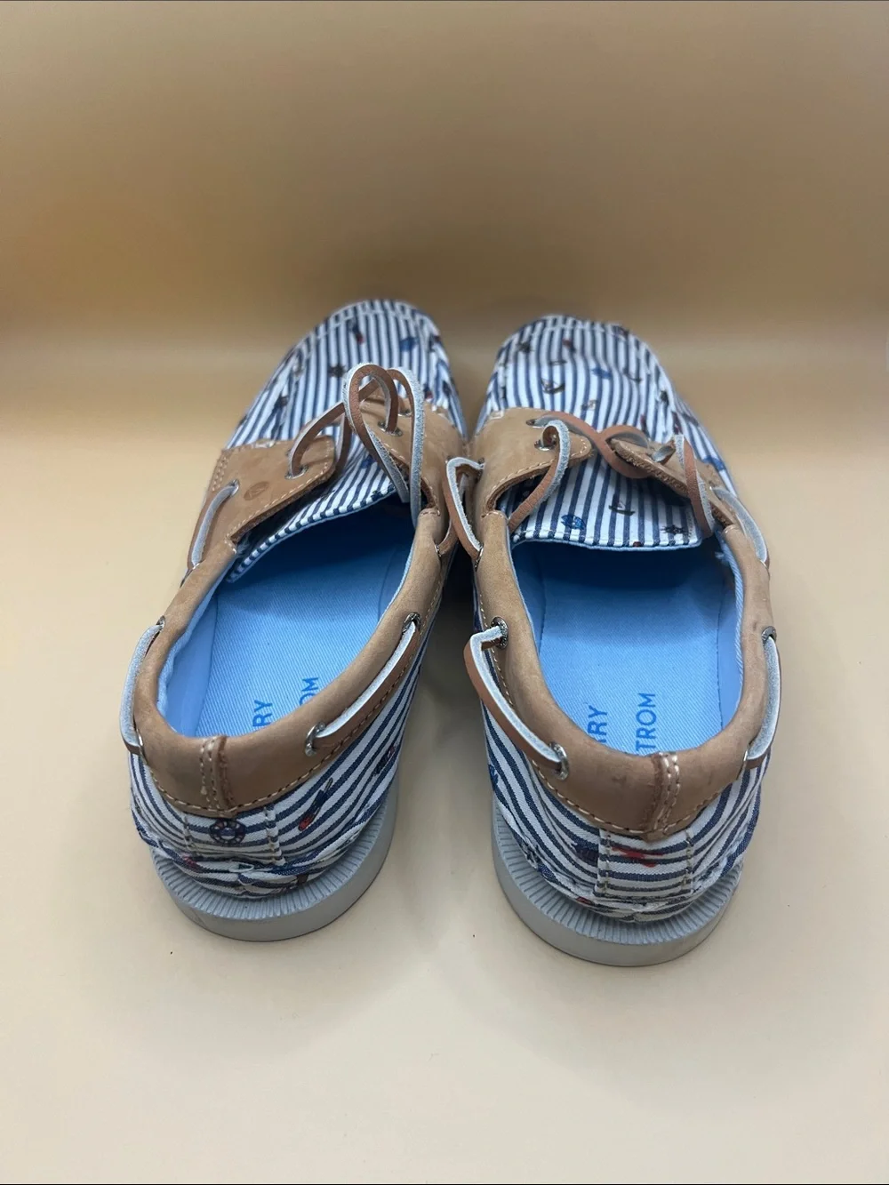 Sperry Kids Blue & White Striped Boat Moccasins with Tan Trim